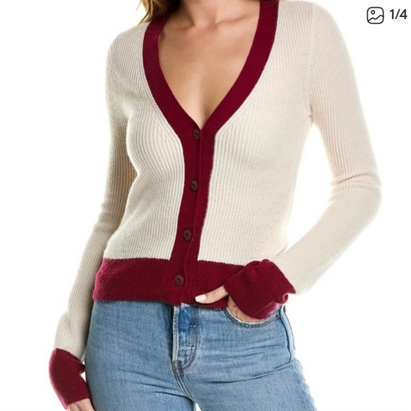 rag & bone Cashmere Cardigan Sz Large Cream Ivory Red Academia Quiet Classic - Picture 1 of 11